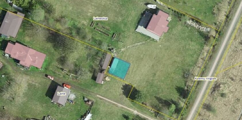 Aendiskeem. Maa- ja Ruumiamet: Ortofoto. Sinine ristkülik – projekteeritava ehitise asukoht